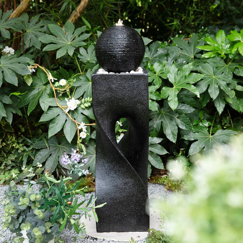Glitzhome Modern Geometric Oversized Pedestal Sphere Polyresin Outdoor Floor Fountain with Pebbles