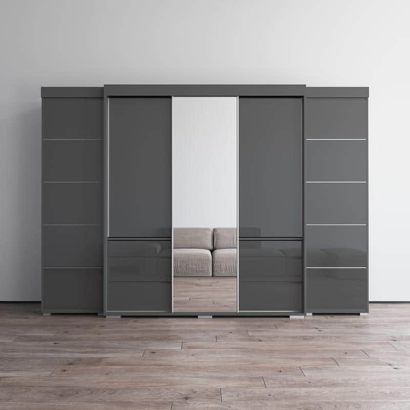 Meble Furniture Monaco 3D-EXEX Wardrobe with Mirror, Matte Body & Glass Fronts, 117.4"W x 26"D x 82"H