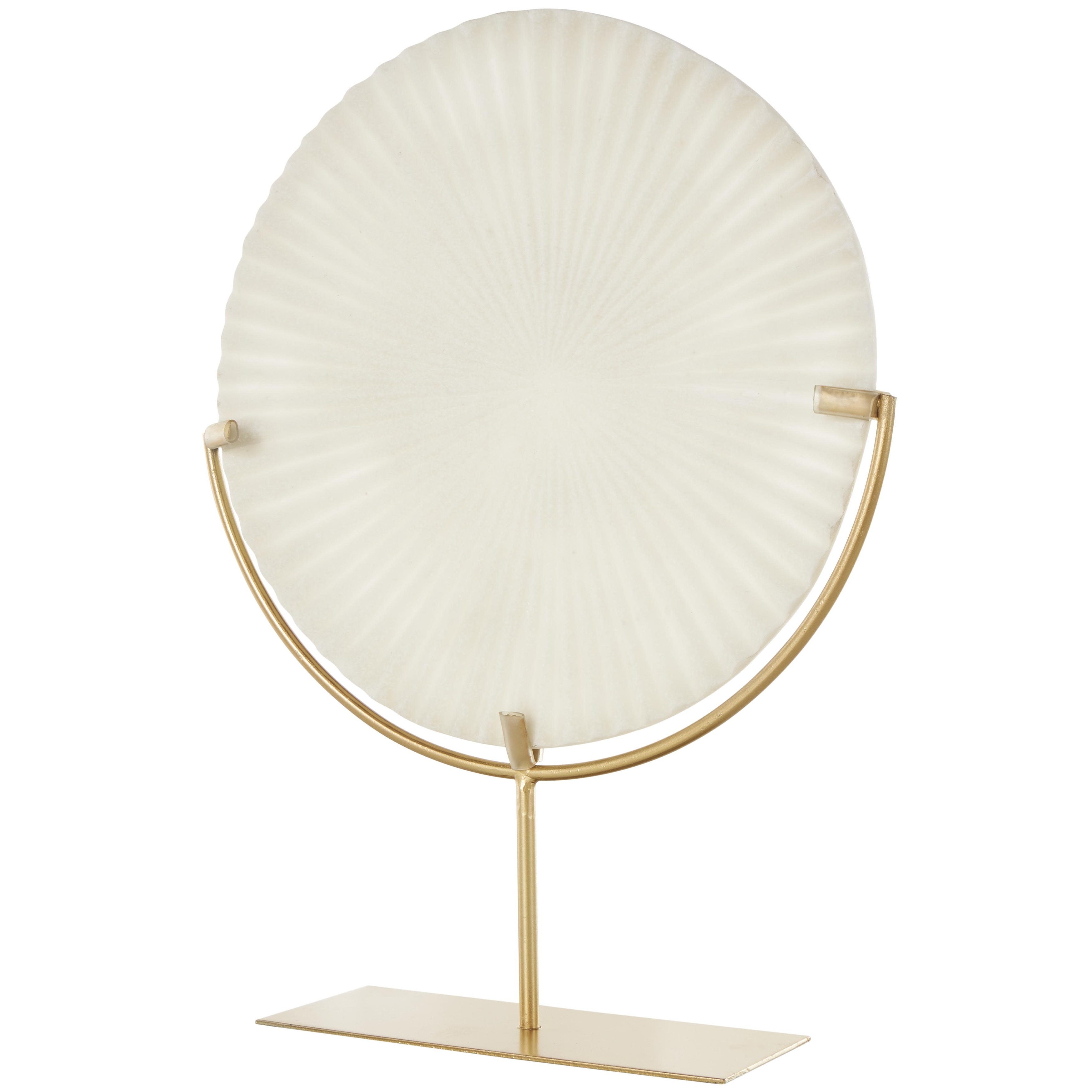 Polystone Geometric Textured Circle Disk Sculpture with Gold Stand - Cream - Roche River Decor