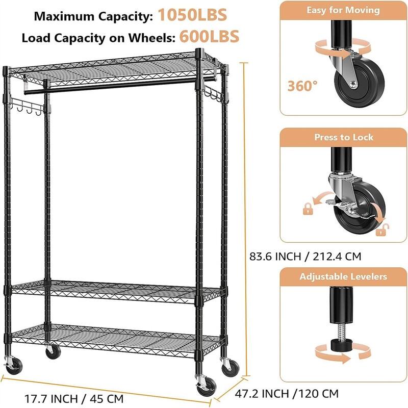 Heavy Duty Rolling Garment Rack 3 Tiers - 17.7"D x 47.2"W x 83.6"H