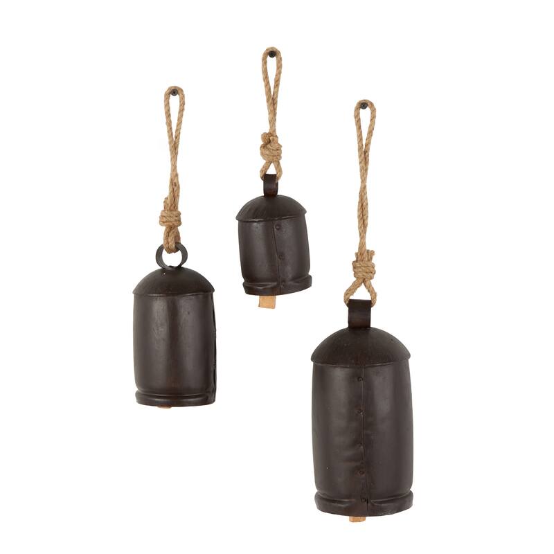 Metal Tibetan Inspired Indoor Outdoor Decorative Cow Bells with Jute Hanging Rope (Set of 3) - Set of 3 - 10",8",6"H