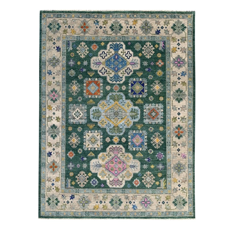 Dark Green Beige Hand Knotted Wool Traditional Rug 10' x 14' - Ornamental Medallion 0.5" Pile - N/A