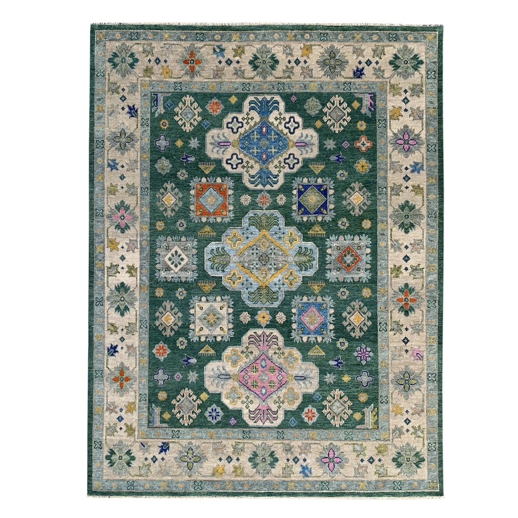 Dark Green Beige Hand Knotted Wool Traditional Rug 6' x 9' - Ornamental Medallion 0.5" Pile - N/A