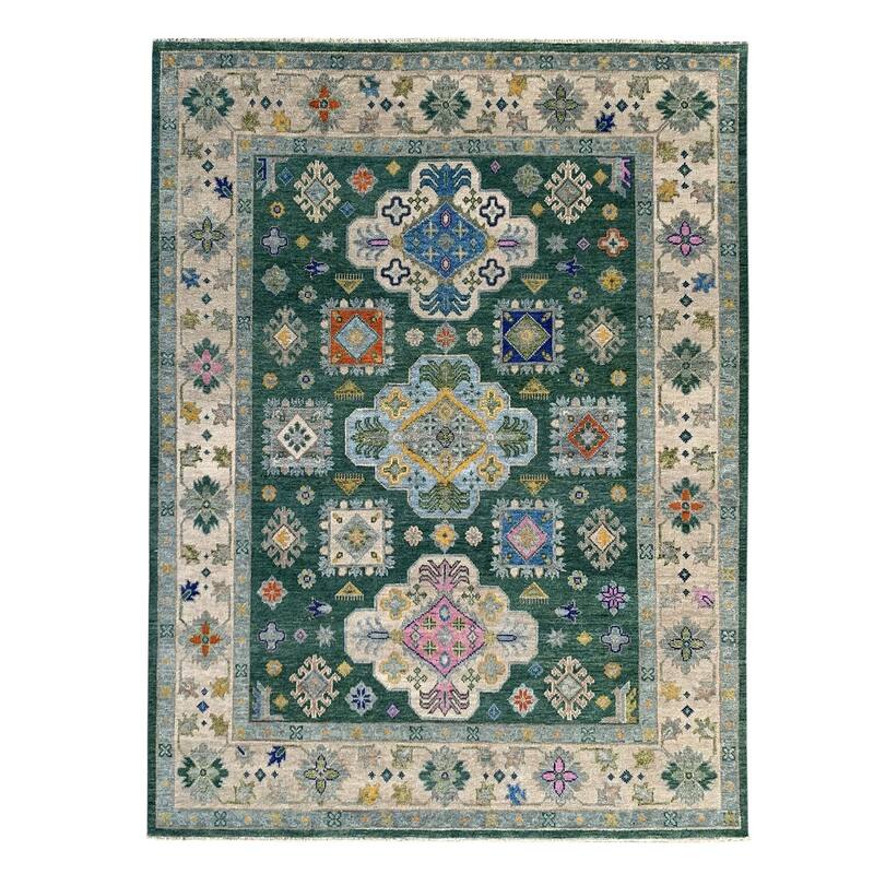 Dark Green Beige Hand Knotted Wool Traditional Rug 8' x 10' - Ornamental Medallion 0.5" Pile - N/A