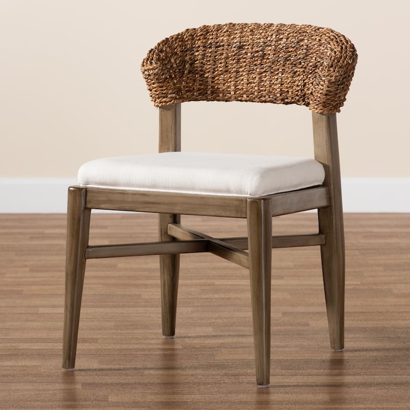 Chloe Modern Bohemian Walnut Brown Finished Mahogany Wood and Natural Rattan Dining Chair