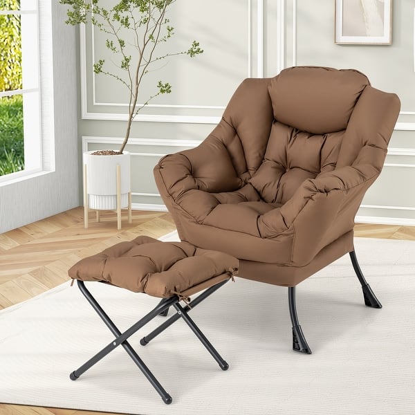 slide 2 of 10, Gymax Lazy Sofa Chair Accent Leisure Armchair w/ Folding Footrest & Brown