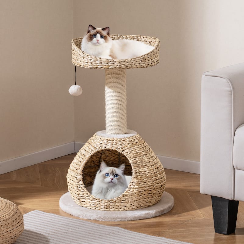 Gymax 28'' Hand-Made Cat Tree Tower Natural Bowl Shaped w/Perch