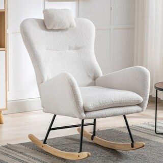 Cozy Teddy Fabric Rocking Chair with Solid Wood Base and Pocket White ...