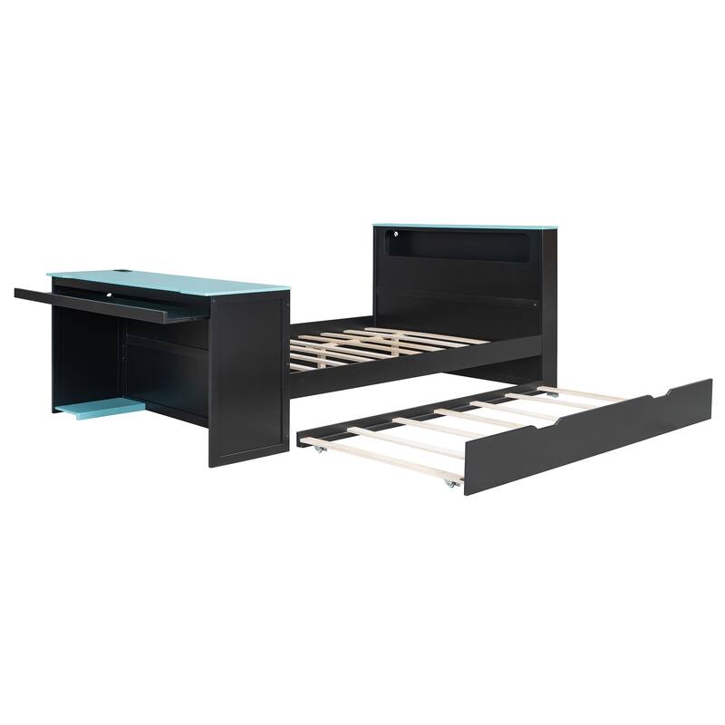 Wood Daybed with Trundle & Built-in Desk, LED Lights & USB Charging Port, Available in Full or Twin