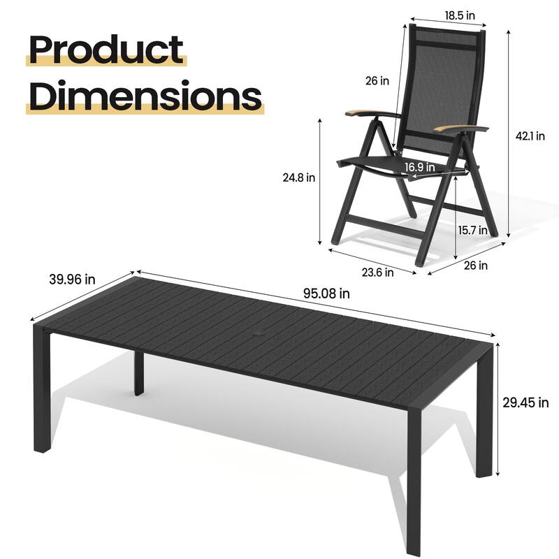 Set of 9 Outdoor Patio Dining Set WoodLike Table Top Aluminum Umbrella Hole Table with Folding Chairs