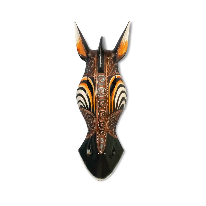 Wooden Tribal African Giraffe Mask Hand Carved Wall Plaque Hanging Decor Sculpture Decoration Handmade Handcrafted Swirl Motif - 12" tall x 5" wide x 1.5" deep