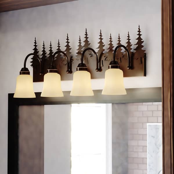 slide 2 of 11, Yosemite 4-Light 33 in. W Burnished Bronze Rustic Cabin Bathroom Vanity Lighting Fixture, Amber Flake Glass Shade, Tree Motif 33-in W x 14-in H x 8-in D - Burnished Bronze