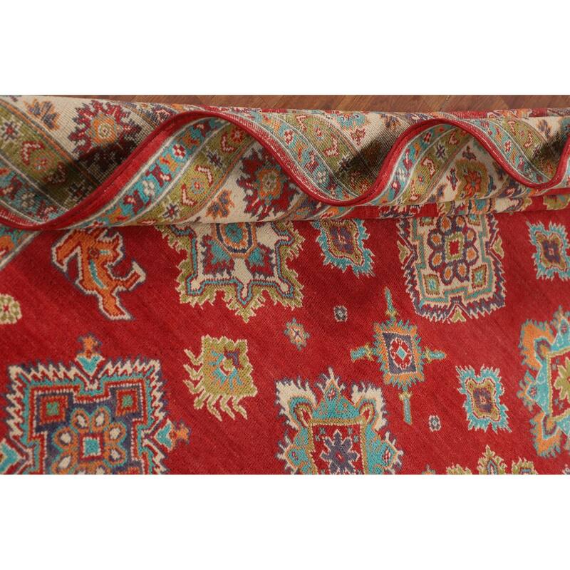Red Geometric Kazak Area Rug Handmade Traditional Wool Carpet - 5'6" x 7'9"