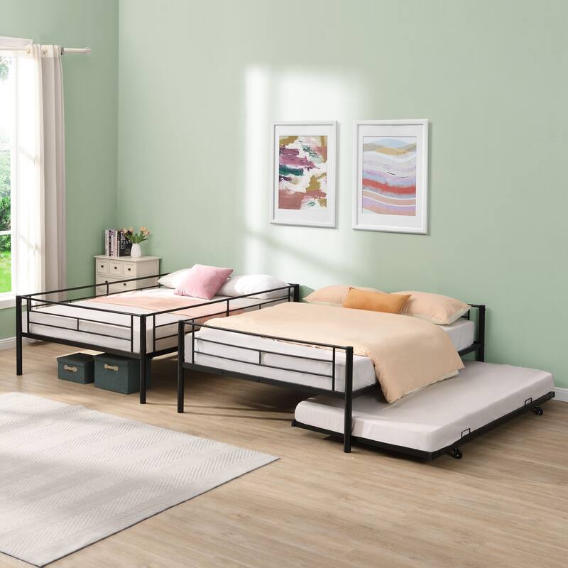 Full Over Full Metal Bunk Bed with Trundle, No Box Spring Needed, Easy Assembly