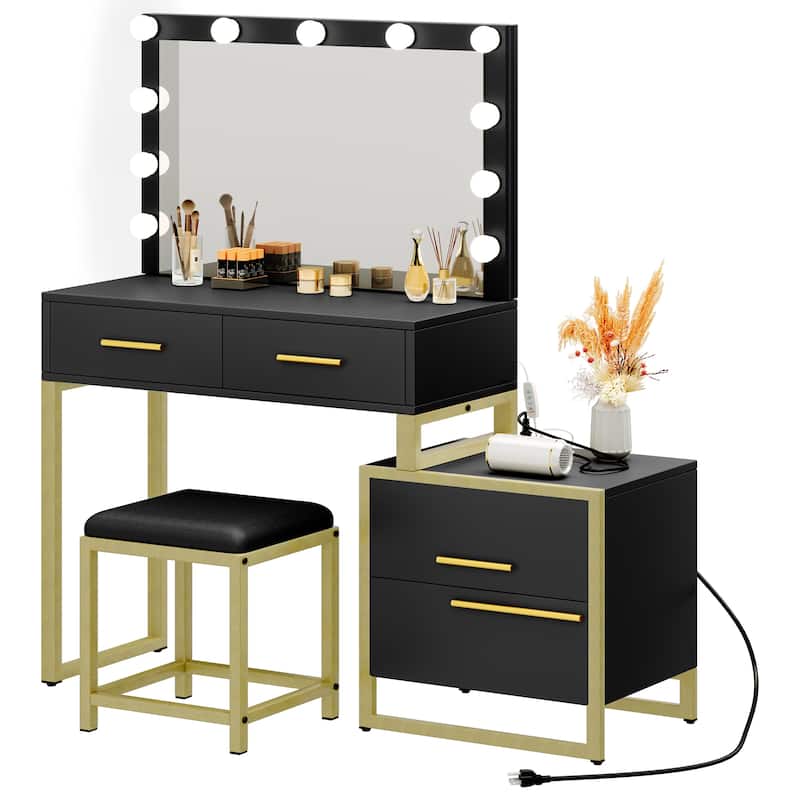 Makeup Vanity Table with Mirror and 10 LED Light Bulbs - 31.5"L x 15.7"W x 57.3"H - Black