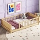 preview thumbnail 1 of 9, Natural Twin Size Pine Wood Floor Platform Bed with Built-in Book Storage Rack and Fence Natural