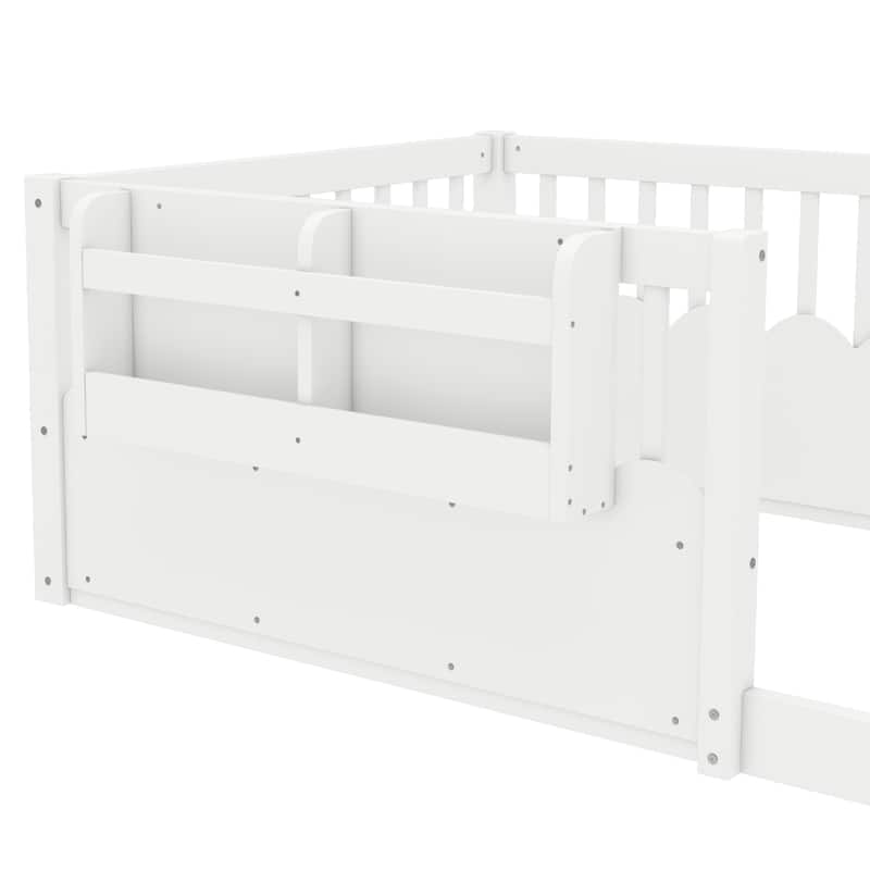 Montessori Floor Bed Kids Bed Frame with Heightened Fence and Bookshelf, Wavy Decoration Wood Platform Bed, No Slats Design