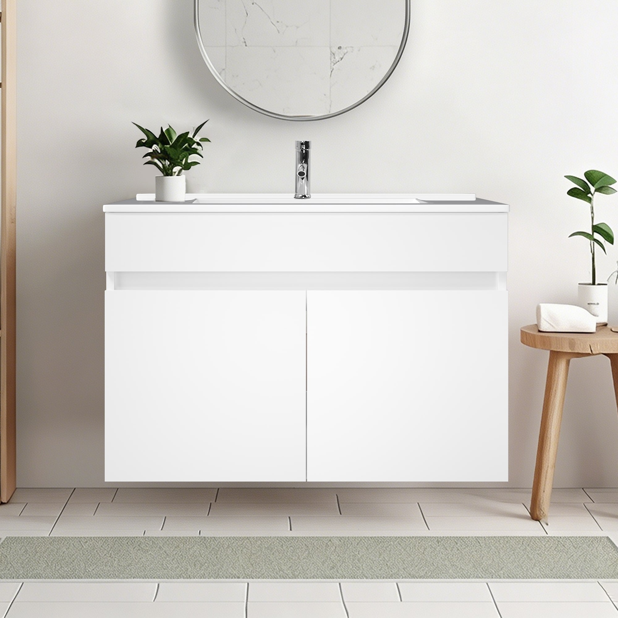 Bathroom Vanity with Ceramic Sink, 24/30 Inch Wall Mounted Bathroom Floating Vanity, Bathroom Sink Vanity with 2 Doors