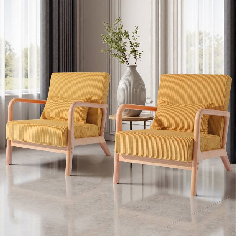 2 Set Upholstered Lounge Arm Chair with Pillow - Set of 2 - Corduroy-Orange