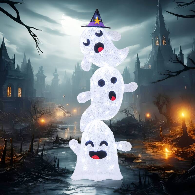 Gymax 4 Ft Halloween Decorations Outdoor Stacked Ghosts w/ Built-in - Multi