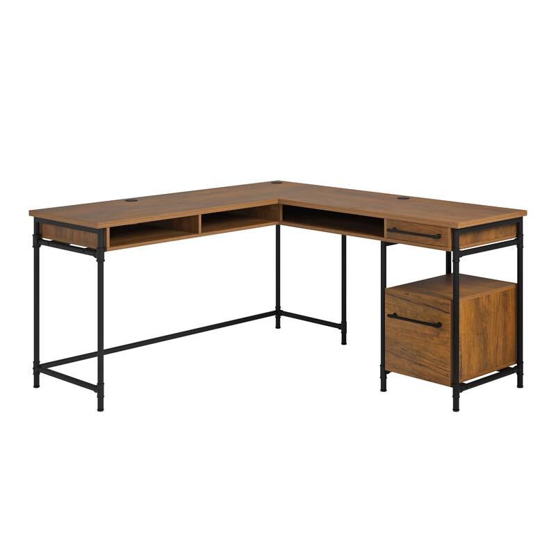 Wood L-Shaped Desk with 1-Inch Thick Desktop, Brown