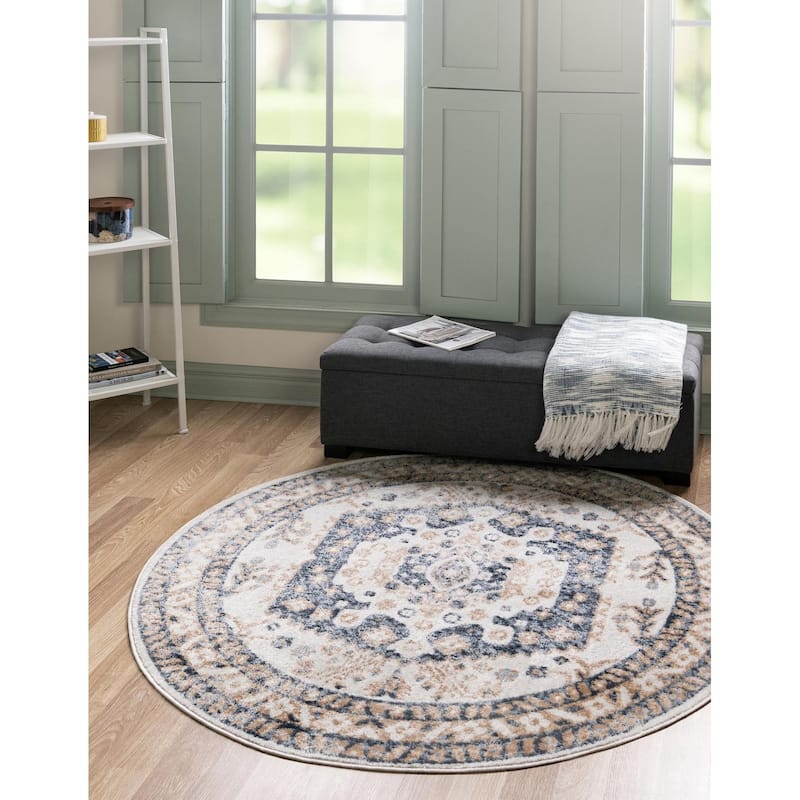 Contemporary Trabzon Collection Area Rug - Ivory-Blue - 3' Round