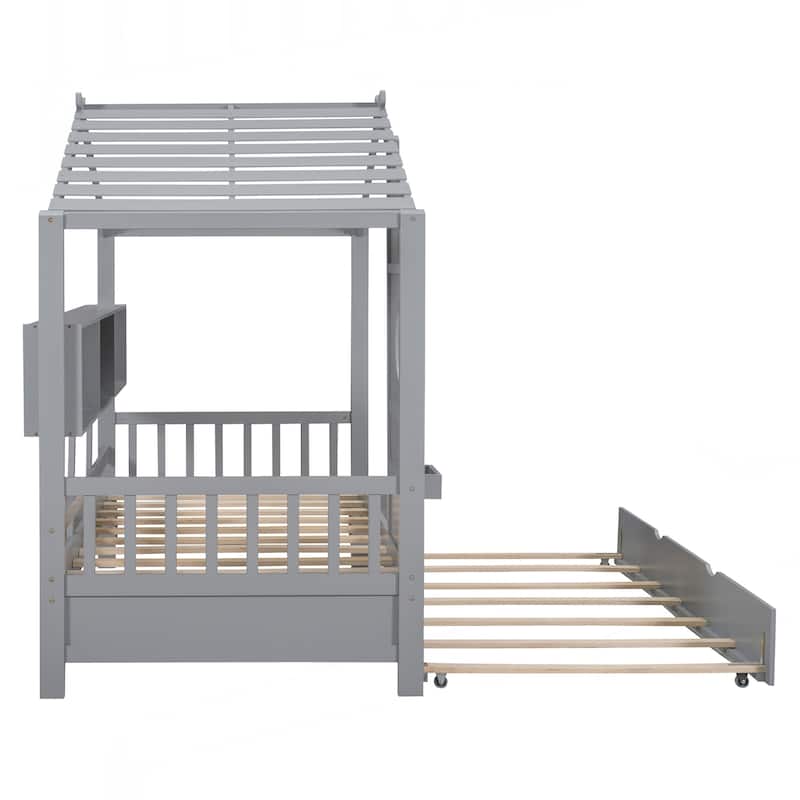 Wooden Twin Size House Bed With Trundle, Modern Design for Kids with Storage Shlef
