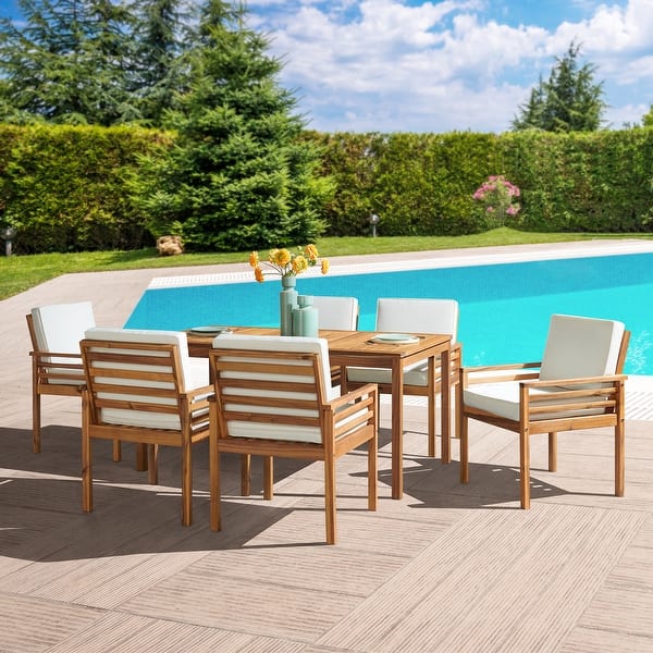 slide 2 of 14, Okemo Acacia Wood Outdoor 7-Piece Outdoor Dining Set with Table and 6 Dining Chairs with Cushions