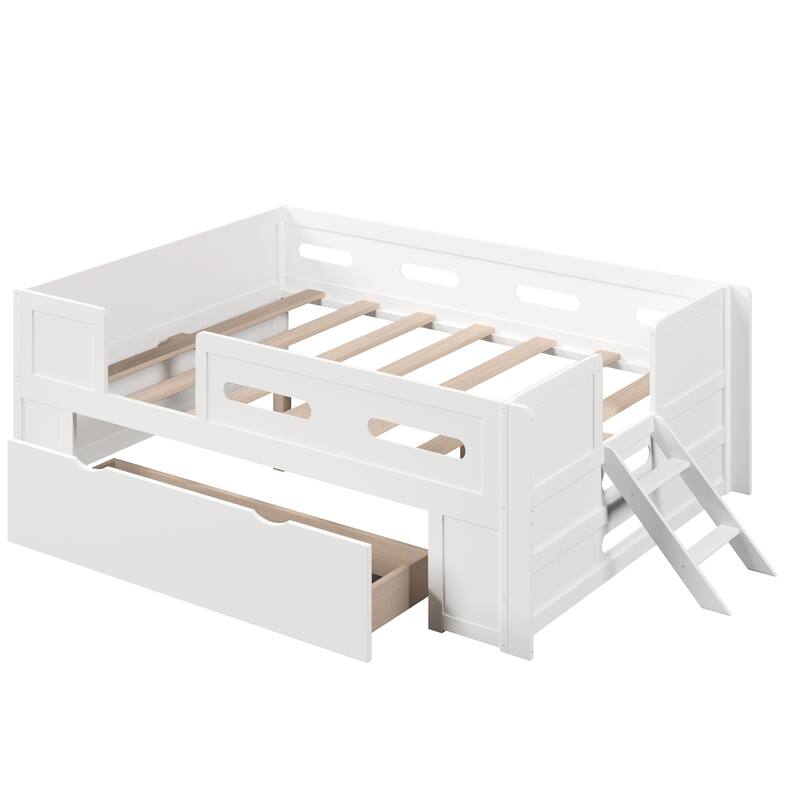 Kids Low Loft Bed with Stairs, Large Drawer and Guardrail, Semi-Enclosed Fence Platform Toddler Bed, Wooden Storage Daybed