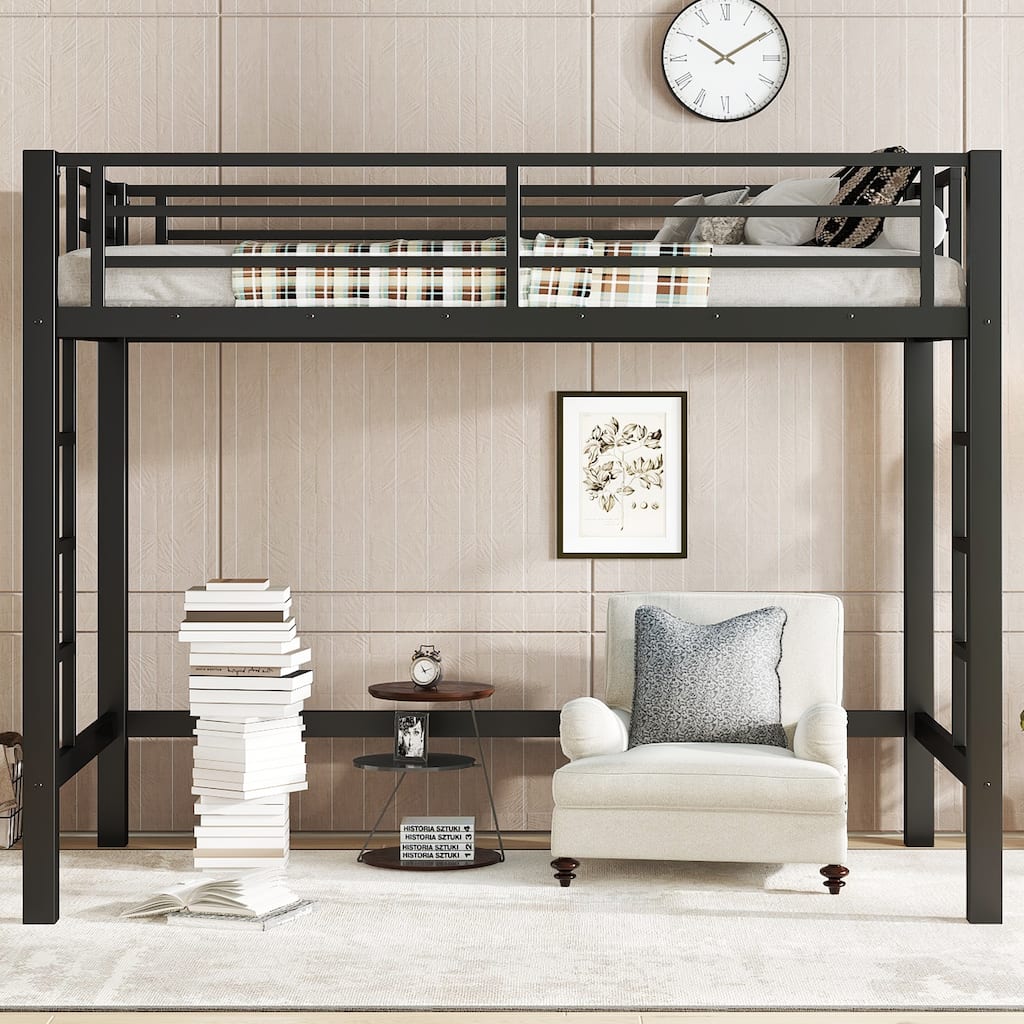 Twin Size Metal Loft Bed Frame with Ladders and Guardrails