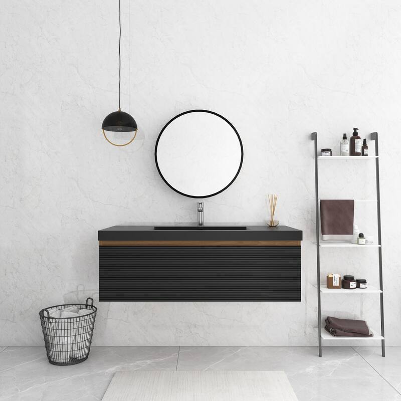 MDF Wall-Mounted Bathroom Vanity Set with Integrated Resin Sink with Drain in Matte Black - 47.24" x 19.69" x 16.14"