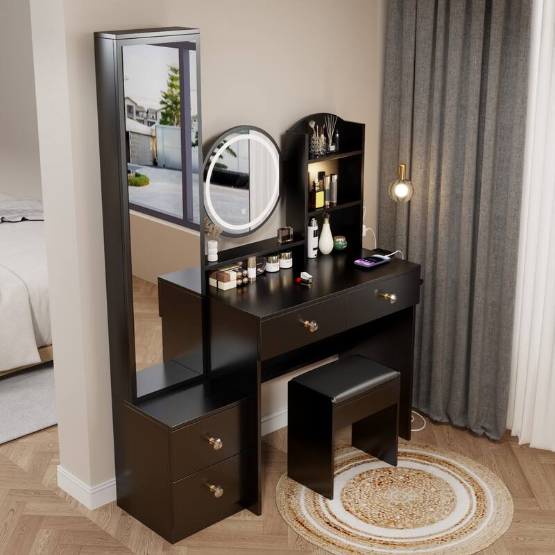 Adjustable LED Makeup Vanity with Mirror, Stool and USB Port