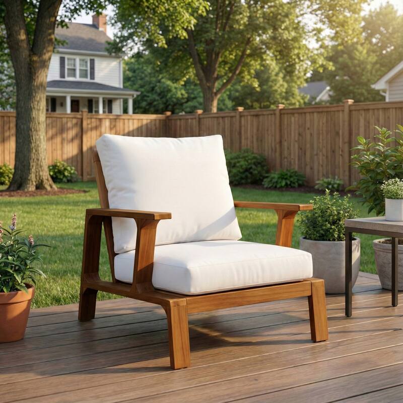Roomfitters Patio Accent Chair, Solid Acacia Wood Outdoor Lounge Seat with Water-Resistant Cushions