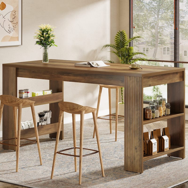 63 Inch Bar Table, Counter Height Pub Table with Storage Shelves - Rustic Brown