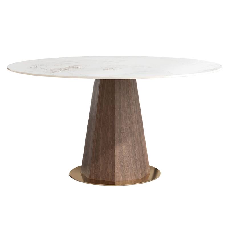 Modern Style Round Stone Table Top Walnut Pedestal Dining Table - 4 Seats - Grayish White