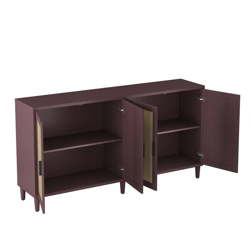 Rattan Buffet Cabinet with Storage, 4-Door Sideboard Buffet Cabinet with Adjustable Shelves for Kitchen, Living Room