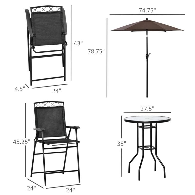 Four Piece Outdoor Patio Set with Folding Chairs Table and Umbrella Tempered Glass - 24" x 24" x 45.25"
