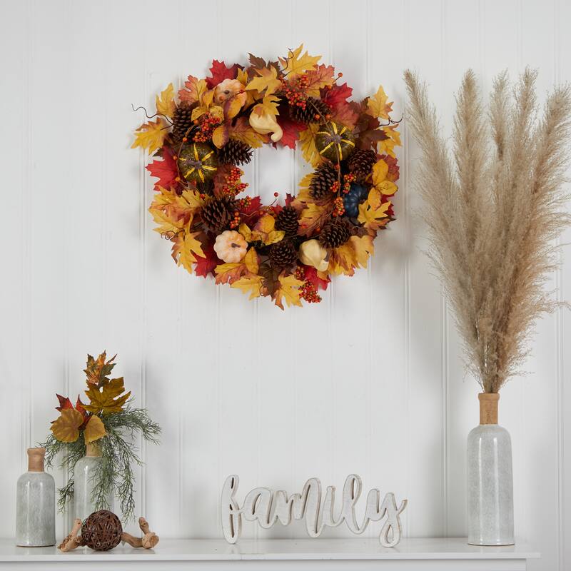 Maple Leaves and Pumpkin Artificial Fall Harvest Wreath - 26" - Unlit