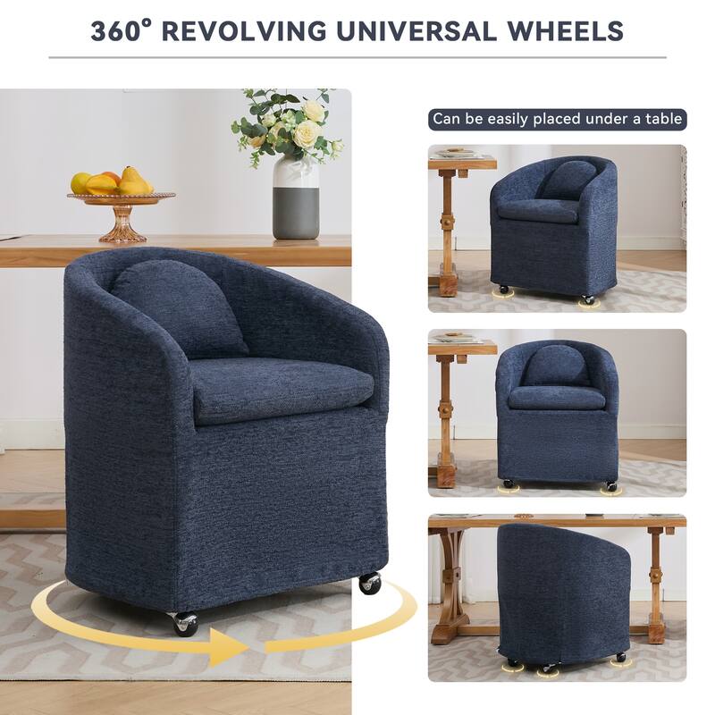Single Chenille Fabric Dining Chair with 360° Revolving Wheels and Back Cushion