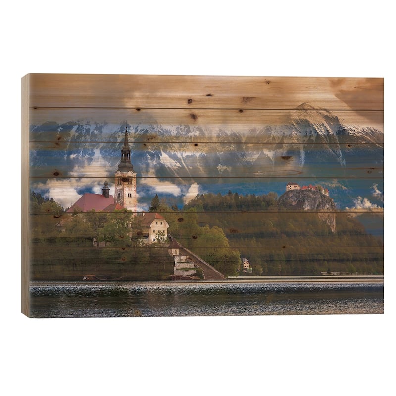 Europe, Slovenia, Lake Bled. Church Castle On Lake Island And Mountain Landscape. Print On Wood by Jaynes Gallery - Multi-Color - 26x40x1.5