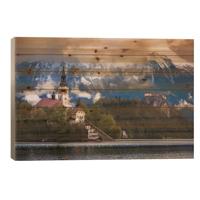 Europe, Slovenia, Lake Bled. Church Castle On Lake Island And Mountain Landscape. Print On Wood by Jaynes Gallery - Multi-Color