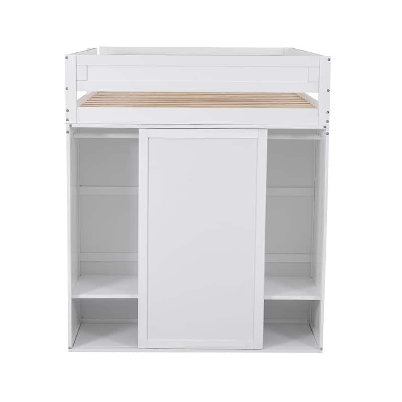 Merax Wood Loft Bed with Wardrobes and 2-Drawer Desk with Cabinet