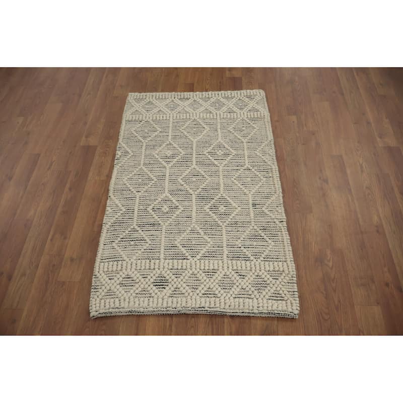 Hand Knotted Oriental 100% Wool Carpet Modern Geometric Beige & Ivories Modern Gotti Design Area Rug - 3' 8'' X 2' 3''