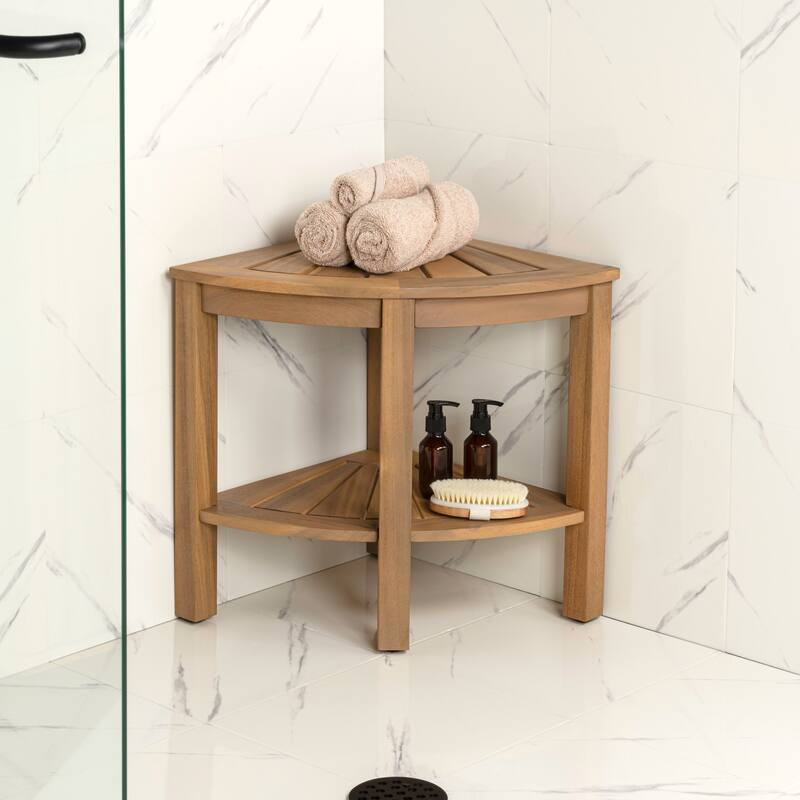 Maris 18" Solid Acacia Wood Indoor/Outdoor Corner Shower Bench with Shelf, By JONATHAN Y - 15.94L x 15.94W x 18.11H