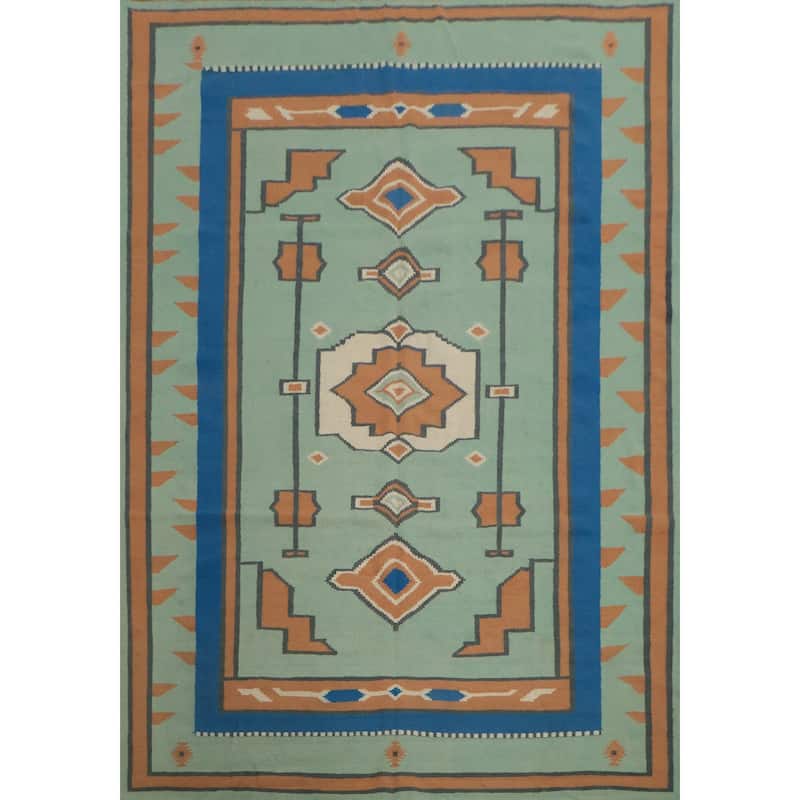 Hand Woven Oriental 100% Wool Carpet Southwestern Tribal Green Kilim Area Rug - 9' 11'' X 8' 6''