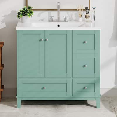 36-Inch Modern Green Bathroom Vanity – Features USB Charging, 2 Doors & 3 Drawers, Single Sink (Faucets Not Included)‌ - 36"