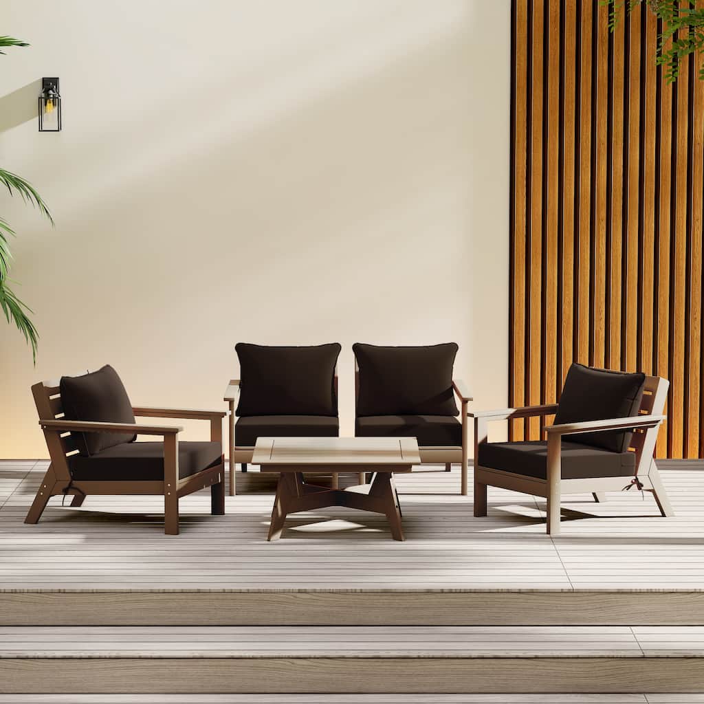 Birchwood All Weather HDPE Outdoor Patio Weathered Wood Deep Seating Conversation Set (5-Piece Set)