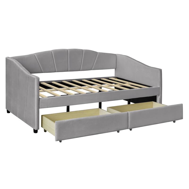 Upholstered Twin Size Daybed with Two Drawers, Solid Wood Kids Daybed Frame Velvet Sofa Bed for Bedroom Living Room Guest Room