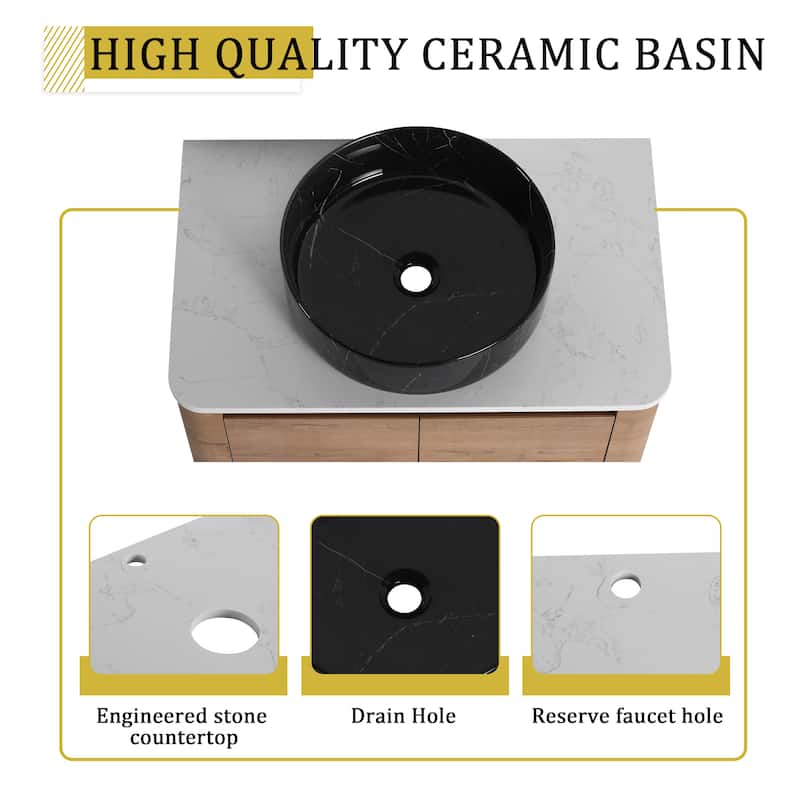 30'' Wall-Mounted Bathroom Vanity With Ceramic Art Sink & 2-Soft-Close Door, KD-Packing, Plywood
