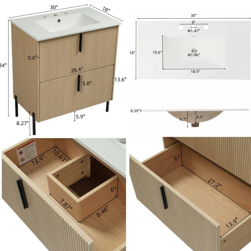 30" Bathroom Vanity with Ceramic Sink and Full-Extension Drawers, Soft Close Undermount Drawer Slides, Fluted Design